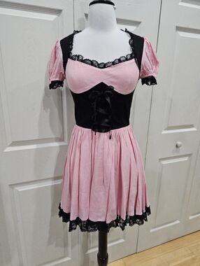 Dolls Kill Widow Joyless Crush Pink Pastel Goth Black Corset Lace Mini Dress XS